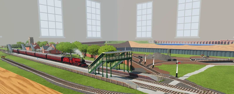 A red steam locomotive and coaches at a country station with footbridges, signals, a goods yard and a turntable, and a viaduct in the distance