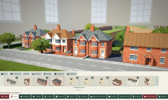 A road of red brick semi-detached houses with bay windows and gardens, chosen from the Residential buildings