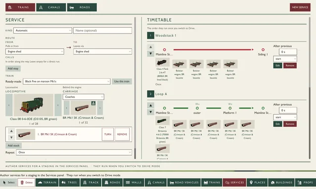 The Services panel: a service being set up on the left, and the timetable of services on the right
