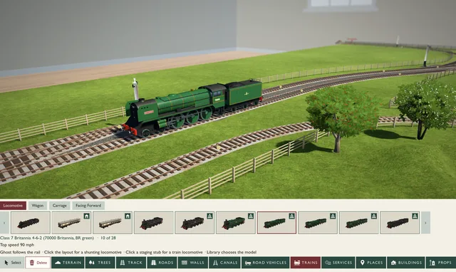 A BR green Britannia locomotive placed on the track, with the locomotive library along the bottom of the screen
